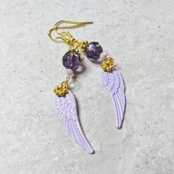 Purple, Lilac + Gold! Angel Wings Dangle Earrings! Patina Painted Wings - Picture 5 of 7